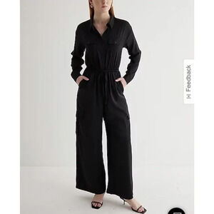 Express Black Long Sleeve Button Tie Front Waist Cargo Wide Leg Jumpsuit Size XS